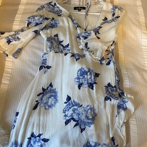 Lulus white wrap dress with blue flowers